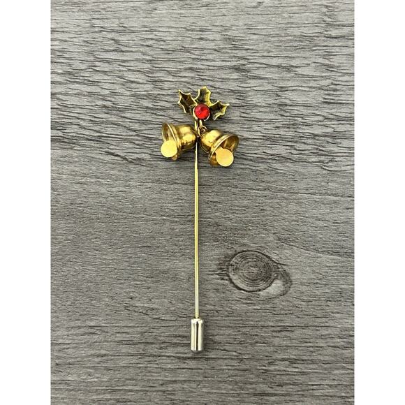 Cute Gold Tone Enamel Holly/ Bell Stick Pin - Picture 1 of 2